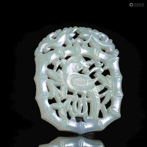 WHITE JADE PENDANT PIERCED WITH FLOWER AND BIRDS BAMBOO