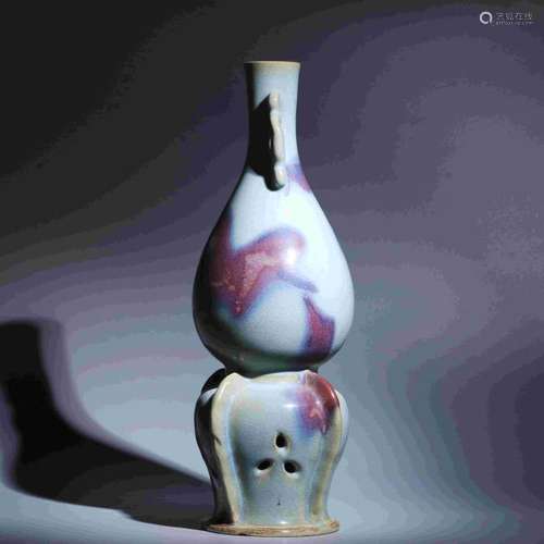 JUN KILN DOUBLE EAR VASE WITH STAND