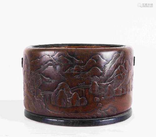 BRONZE GLAZED BASIN EMBROIDED WITH ROSEWOOD WITH PEOPLE