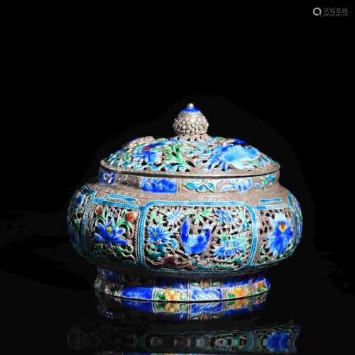 PURE SILVER ENAMEL FLOWER AND LIONS PATTERN CENSER WITH