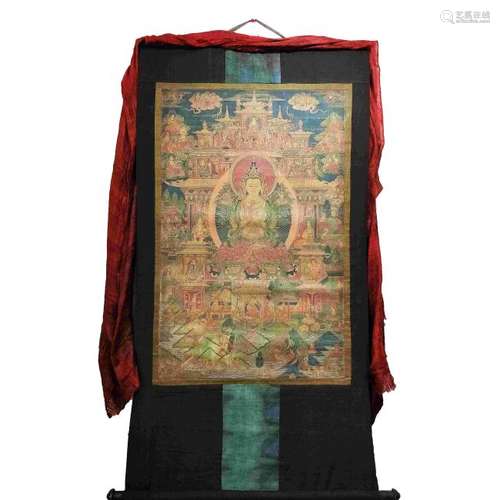 18BC TIBET THANGKA GOLD DRAWING AMITAYUS