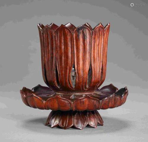 QING DYNASTY ROSEWOOD LOTUS BUDDHA TRIBUTE