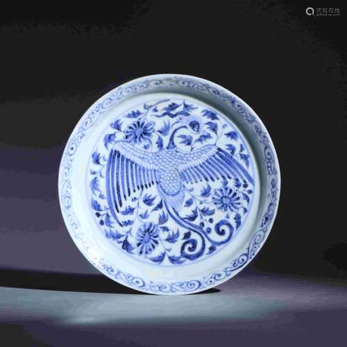 YUAN BLUE FLOWER DISH WITH PHOENIX AND PEONY