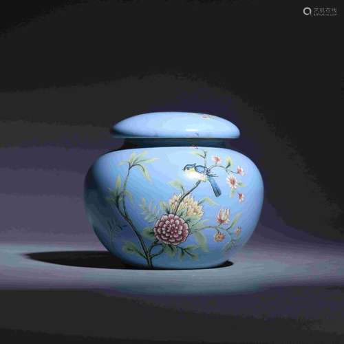 QIANLONG MARK BLUE FLOWER PRINTED JAR WITH COVER