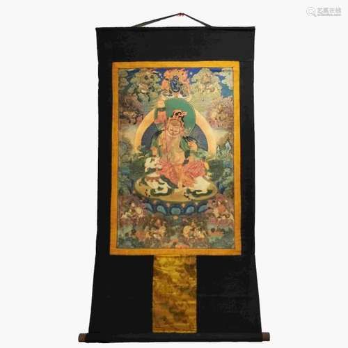 18BC TIBET THANGKA GOLD DRAWING WEALTH GOD