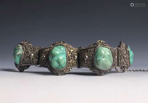 SILVER FILIGREE AND FOUR TURQUOISE STONE BRACELET