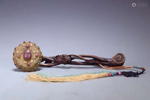 A GILT SILVER GEM-INLAID AGARWOOD RUYI SCEPTRE