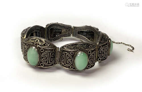 CHINESE JADE SILVER FILIGREE BRACELET