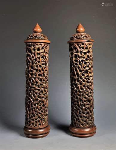 A PAIR OF BOXWOOD INCENSE HOLD