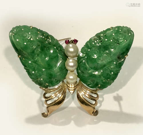 14K YG JADE BUTTERFLY BROOCH WITH PEARLS