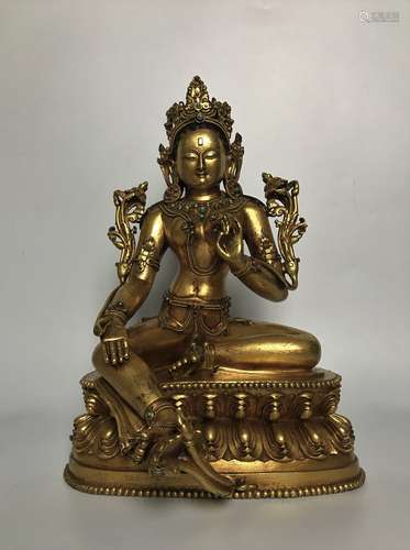 CHINESE GILT BRONZE FIGURE OF A GEM-INLAID TARA