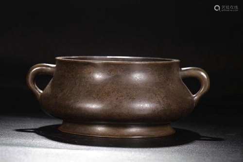 CHINESE BRONZE TWO-HANDLED CENSER