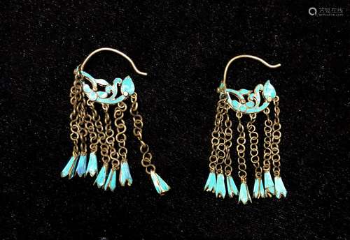 CHINESE KINGFISHER FEATHER ON SILVER EARRINGS