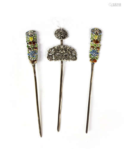 THREE CHINESE SILVER ENAMELED HAIR PINS