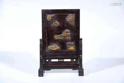 A ZITAN INLAID SOAPSTONE TABLE SCREEN