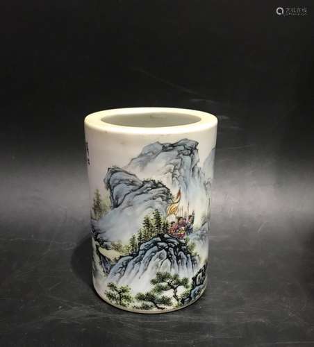 A FAMILLE ROSE BRUSH POT, WANG XILIANG