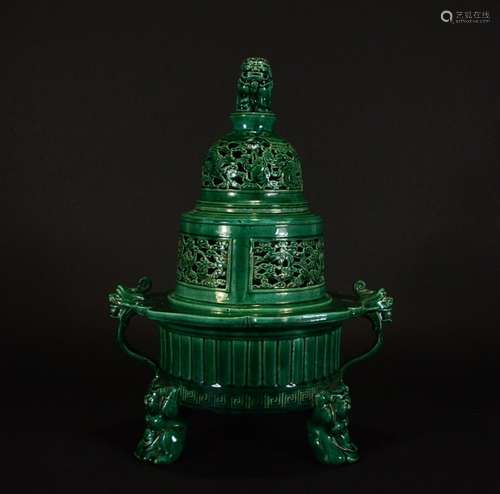 A GREEN GLAZED CENSER WITH BEAST