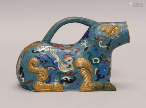 A 19TH C. ENAMEL CLOSIONNE RECUMBENT RAM-FROM EWER