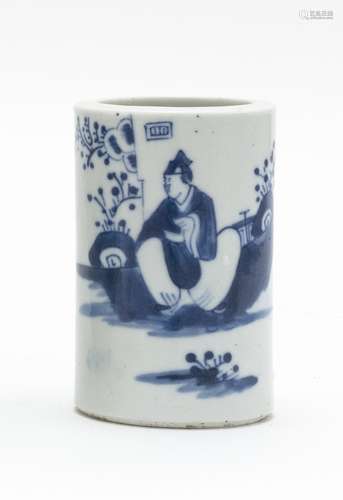 A BLUE AND WHITE BRUSH POT