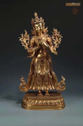 A GILT-BRONZE FIGURE OF BODHISATTVA, QIANLONG MARK