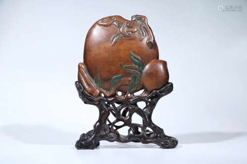 A TANXIANG WOOD PEACH-FORM WATER COUPE ORNAMENT