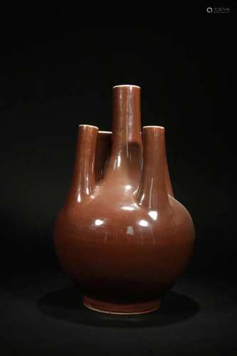 A BROWN GLAZE FIVE-TUBE VASE, XUANDE MARK