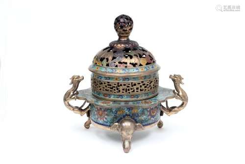 A CLOISONNE INCENSE BURNER WITH KIRIN HANDLES