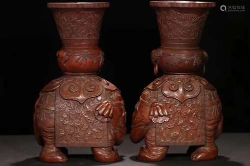 A PAIR OF BAMBOO CARVED 'ELEPHANT' VASES