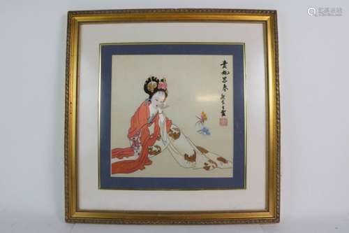 A CHINESE EMBROIDERY OF A LADY, FRAMED