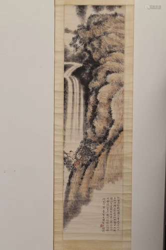 A SCROLL PAINTING OF WATERFALL, HE TIANJIAN