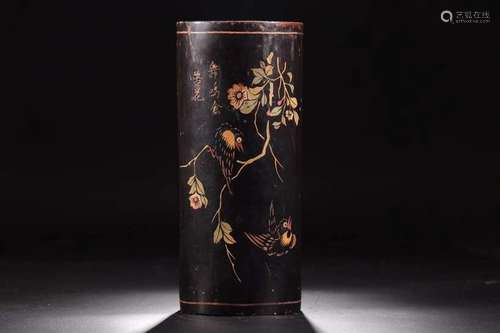 A BAMBOO BLACK PLAQUE BRUSH POT