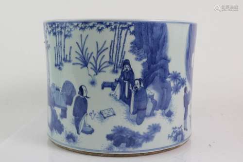 A BLUE AND WHITE BRUSH POT