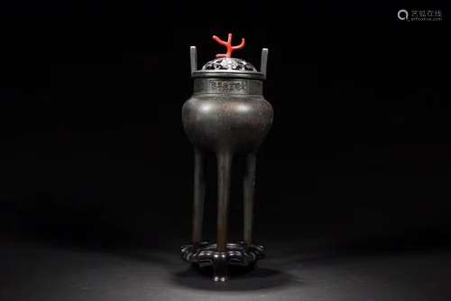 A BRONZE TRIPOD CENSER WITH CORAL DECORATION