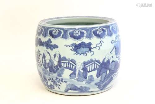 A BLUE AND WHITE JAR DEPICTING FIGURES