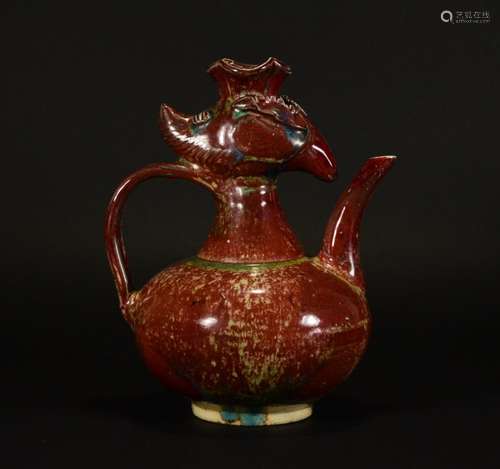 A FINE PEACHBLOOM GLAZED PEACOCK-SHAPED TEAPOT