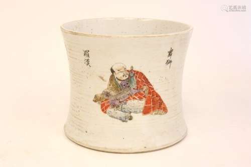 A FAMILLE ROSE BRUSHPOT DEPICTING LUOHAN