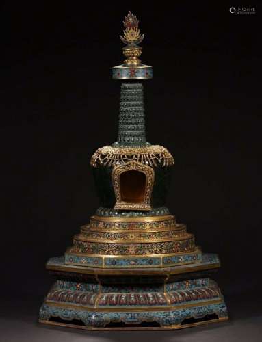 SPINACH JADE AND CLOISONNE ENAMEL STUPA