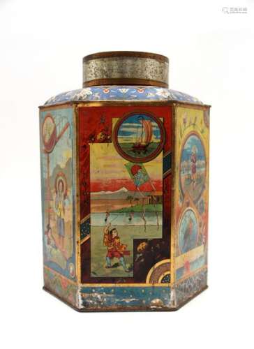 Boîte à thé \nen tôle à décor polychrome \nVers 1900...;