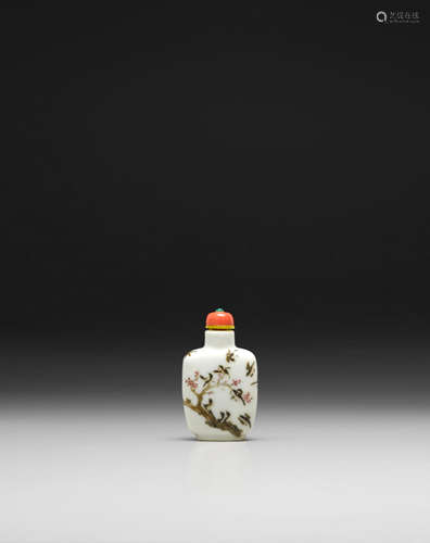 Daoguang mark and of the period A FAMILLE ROSE 'MAGPIES AND PLUM BLOSSOMS' SNUFF BOTTLE