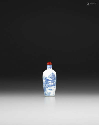 1820-1850 A finely painted blue and white 'fisherman' snuff bottle