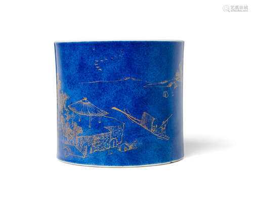 Kangxi POWDER-BLUE GLAZED AND GILT 'LANDSCAPE' BRUSHPOT, BITONG