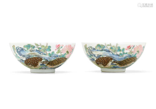 Yongzheng six-character marks and of the period An exceptionally rare pair of Imperial famille rose 'quails and chrysanthemums' bowls