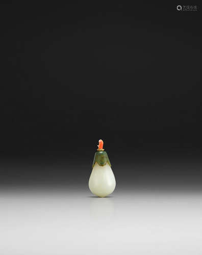 Likely Imperial, Palace Workshops, 1750-1800 A WHITE AND GREEN JADE 'EGGPLANT' SNUFF BOTTLE