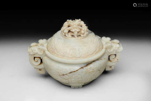 Qianlong A RARE 'CHICKEN BONE' JADE 'TAOTIE' CENSER AND COVER