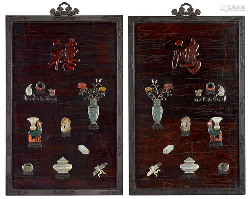 Qing dynasty A pair of zitan-framed jade and hardstone inset lacquer panels