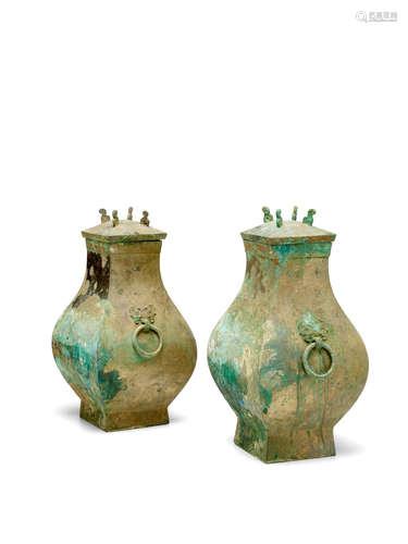 Han dynasty TWO BRONZE RITUAL WINE VESSELS, FANGHU