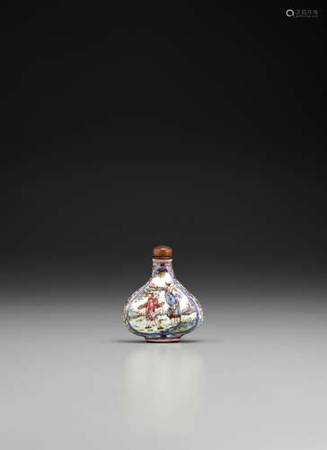 Qianlong mark and of the period A CANTON ENAMEL 'EUROPEAN FIGURES' SNUFF BOTTLE