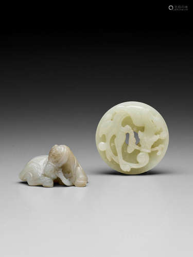 TWO CELADON JADE ORNAMENTS