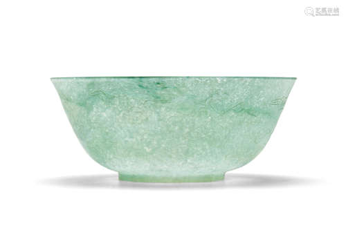 19th century A RARE INCISED 'IMMORTAL EMBLEM' JADEITE BOWL