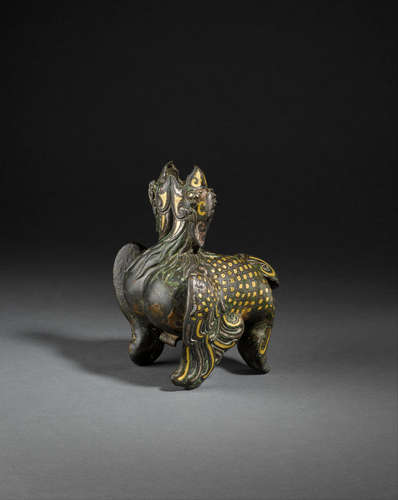 Ming dynasty A VERY RARE GOLD AND SILVER-INLAID 'DOUBLE PHOENIX' VASE, ZUN